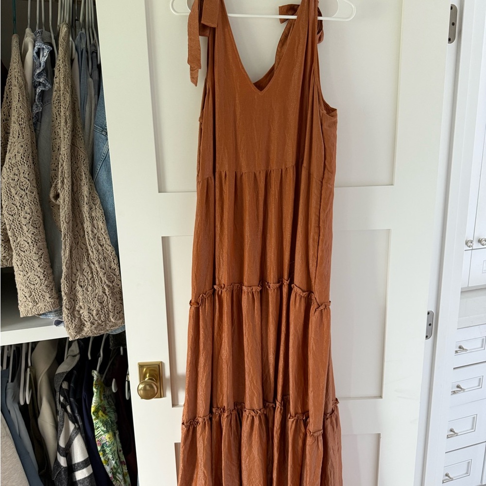 Anthropologie Maeve Soraya Shimmer Tiered Maxi Dress in Orange - Picture 2 of 4